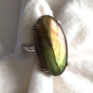 Elongated Labradorite Oval Ring in Stainless Steel